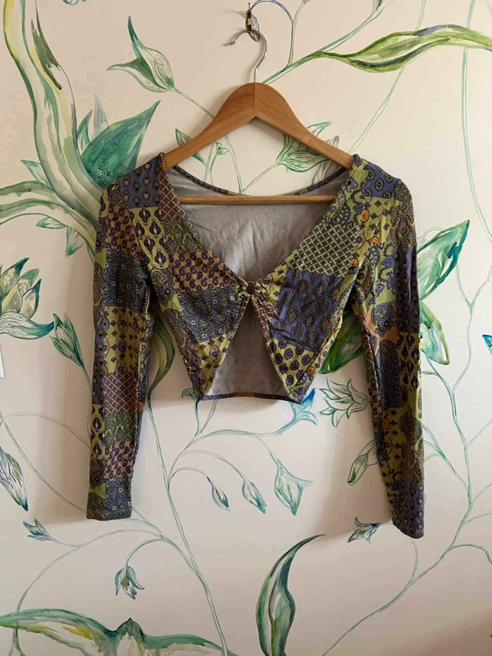 Paloma Wool Cropped Long-Sleeve Patchwork Print Top - Green/Blue